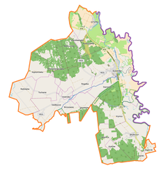 Mapa konturowa gminy Dubienka, na dole nieco na prawo znajduje się punkt z opisem „Jasienica”