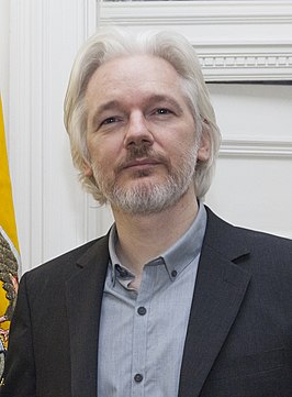 Assange bij de Ecuadoriaanse ambassade in augustus 2014