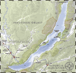 Carte du lac Baïkal, près d’Irkoutsk et de la République de Bouriatie (sud de la Sibérie centrale, Russie). (définition réelle 1 500 × 1 444*)