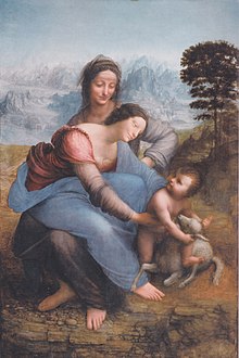 Tableau représentant une femme assise sur les genoux d'une autre qui tend les bras vers un bébé jouant avec agneau.