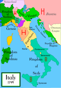 Italia en 1748, tras la guerra de sucesión austriaca