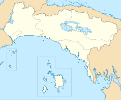 Mapa konturowa prowincji Panama, po lewej nieco u góry znajduje się punkt z opisem „Tocumen”