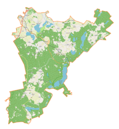 Mapa konturowa gminy Purda, u góry nieco na lewo znajduje się punkt z opisem „Kościół pw. Znalezienia Krzyża Świętego”