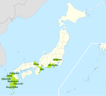 Carte du Japon ; en vert, les zones de culture.