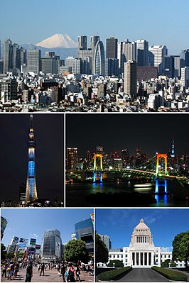 Een collage van Tokio Van bovenaf links: Shinjuku, de Tokyo Skytree, Rainbow Bridge, Shibuya en het nationale parlementsgebouw