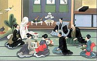 The bride is sipping sake from a sakazuki in san-san-kudo (三三九度) ritual in a Japanese wedding. A woman on the right is holding a chōshi (銚子) sake server. From Sketches of Japanese Manners and Customs, Illustrated by Native Drawings... by J. M. W. Silver, published in London in 1867.
