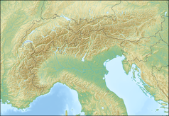 Mapa konturowa Alp, u góry nieco na lewo znajduje się owalna plamka nieco zaostrzona i wystająca na lewo w swoim dolnym rogu z opisem „Jezioro Bodeńskie”