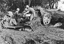 German soldiers in uniform with helmets, serving as crew of an anti-tank gun