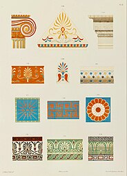 19th century illustration of multiple polychrome elements of Ancient Greek architecture, including a guilloché on the right, by Jacques Ignace Hittorff