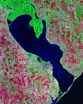 Satellite foto of the Dniester delta (Ukraine) at the lagoon Dniester Liman, near the Black Sea.