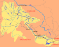Mapa en ruso del río Irtish (Иртыш) —afluente del Obi (Обь)— en el que aparece en el centro Omsk (Омск)