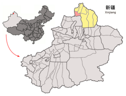 Location of Jeminay County (red) within Altay Prefecture (yellow) and Xinjiang