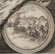 Felipe V. rey de España victorioso de sus enemigos en 1706 (Pierre Gallays) almanaque de 1707, detalle sobre Alcalá de Henares.png