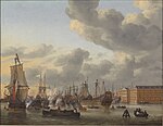 Gezicht op het IJ en 's Lands Zeemagazijn te Amsterdam, 1664 van Reinier Nooms