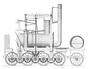 This 1825 drawing is often claimed to show Puffing Billy’s 8-wheeled form, but it actually seems to be based on another 8-wheel engine which Hedley used to guide his own 8-wheel conversions.