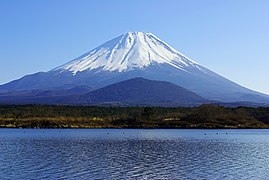 Volcan conique, au sommet enneigé, surmontant une agglomération au bord d'un lac.
