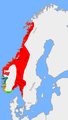 Pequeños reinos c. 872 d.C. (el reino unificado mostrado en rojo) antes de la definitoria batalla de Hafrsfjord.