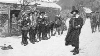 A devout Puritan elder (right) confronts patrons drinking ale outside a tavern. Tensions between the strictly religious Puritans, who first settled the region, and the more secular population were characteristic of the colonial era in New England.