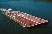 Towboat Ben McCool upbound on Ohio River at Matthew E. Welsh Bridge with two tank barges (2 of 6), near Mauckport, Indiana, USA, 1987