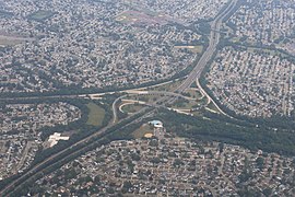 Aerial view of Wantagh State Parkway–Southern State Parkway interchange in 2021