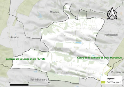 Carte de la ZNIEFF de type 2 sur la commune.