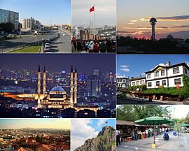 În sensul acelor de ceasornic, din stânga sus: Piața Sıhhiye, vedere la Ankara din Anıtkabir, Atakule, Beypazarı, piața de carte din Kızılay, Castelul Ankara, vedere din cetate, Moscheea Kocatepe