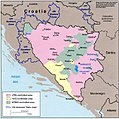 Servische (roze), Bosnische (groen) en Kroatische (geel) bezettingszones, 1994
