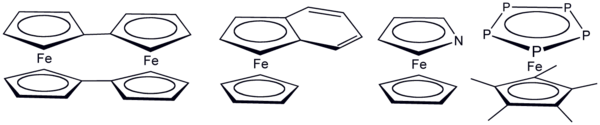Varios derivados del ferroceno donde el ciclopentadienilo ha sido reemplazado por ligandos parecidos.