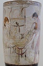 Lekythos de chan branco do pintor de Thanatos. Transporte dun guerreiro morto. v. 440 aC. Museo Británico.