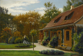 Jens Erik Carl Rasmussen - Fynsk bondeidyl med kvinde i haven - 1872.png