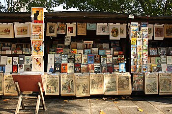 A stand of a bouquiniste (french term for second-hand books resellers) , in Paris, near the Cathedral Notre-Dame of Paris.