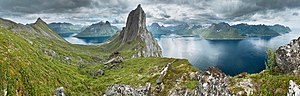 Thumbnail for File:View from a ridge between Segla and Hesten, Senja, Norway, 2014 August.jpg