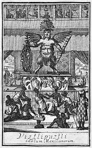 Representación difamatoria de Huitzilopochtli, llamado ”Viztlipuztli idolum Mexicanorum” en el libro alemán Staat von America del 1714[32]​