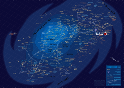 Carte illustrant la position des planètes et mettant en avant Dac, dans l'univers de Star Wars.