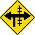 (W15-2/PW-13.2) Railway level crossing on controlled T-junction to right