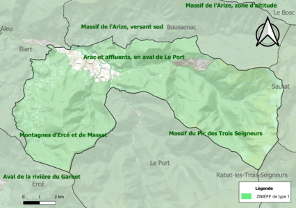 Carte des ZNIEFF de type 1 sur la commune.