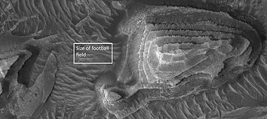 Layered mesa, as seen by HiRISE. Box is the size of a football field.