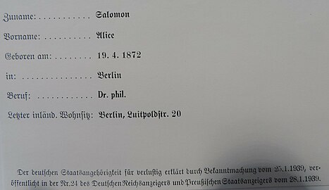 Alice Salomonek alemaniar herritartasuna kentzeari buruz egindako dokumentua, “Ida - Seele-Archiv”-n artxibatua