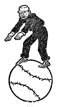 An umpire standing on a giant baseball signals "safe".