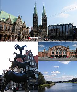 v smeri ure: zgoraj Bremeski Marktplatz, glavna železniška postaja, Mali Weser in Werdersee in kip mestnega muzikanta