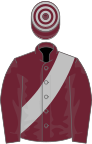 Claret, silver sash, hooped cap