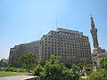 Tahrir Square, view southwest of the Omar Makram Mosque minaret and plaza, and The Mogamma, in 2010