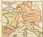 Historisk karta över de karolingiska rikena efter delningen i Verdun år 843.