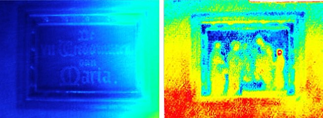 De polychrome panelen in de zijmuren van de Onze-Lieve-Vrouw-ter-Rustekapel. Dit betreft infraroodopnames die aantonen dat het paneel De VII Weedommen van Maria niet thuishoort in de rij met panelen, vermits het paneel helemaal anders oplicht tijdens de experimenten. Visueel merkt men ook verschillen.