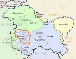 Kašmirska dolina (z oranžno mejo) prikazana v širšem Kašmirju