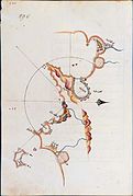 Mapa de figuración de los fondos marinos de Piri Reis. Según su autor incluye "todas las costas, las islas pobladas o desérticas, los ríos, las rocas a flor de agua o bajo el agua, los bancos de arena (...)"