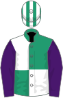 Emerald green and white (quartered), purple sleeves, emerald green and white striped cap