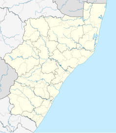 Mapa konturowa KwaZulu-Natalu, blisko centrum na dole znajduje się punkt z opisem „Durban”