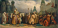 Procesión del Domingo de Ramos, Moscú, con el zar Alexei Michaelovich (pintura de Vyacheslav Schwarz , 1865)