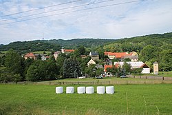 Pohled na obec od jihu, na obzoru televizní vysílač Ústí nad Labem – Buková hora